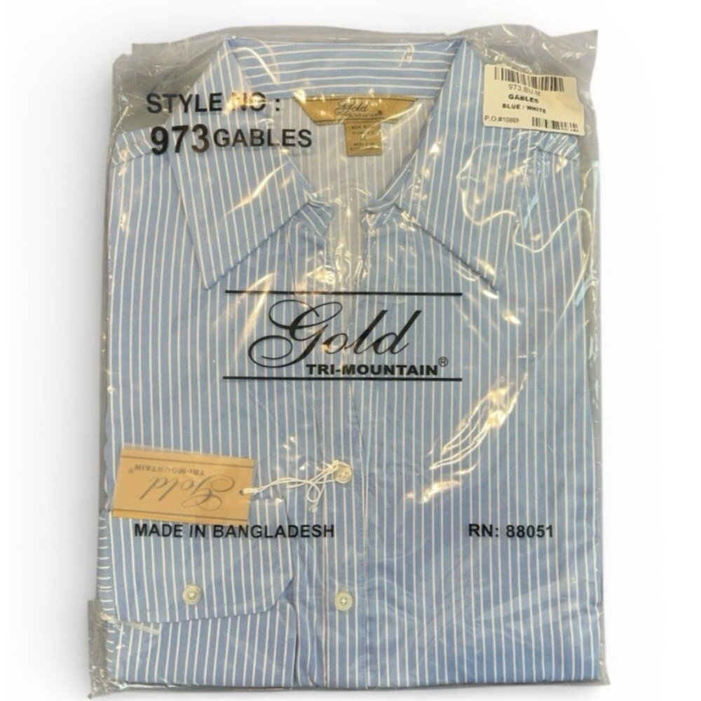 NWT Tri-Mountain Gold Blue White Stripe Button Down Shirt Women Medium 973Gables